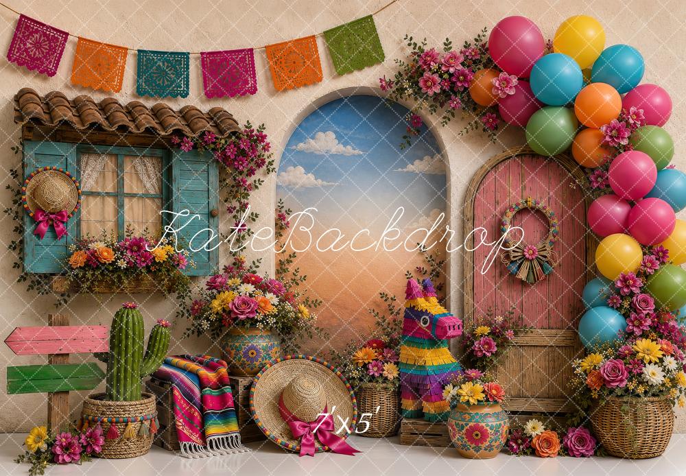 Kate Cake Smash Mexican Fiesta Piñata Balloons Papel Picado Printed Backdrop Designed by Shutter Swan Studios