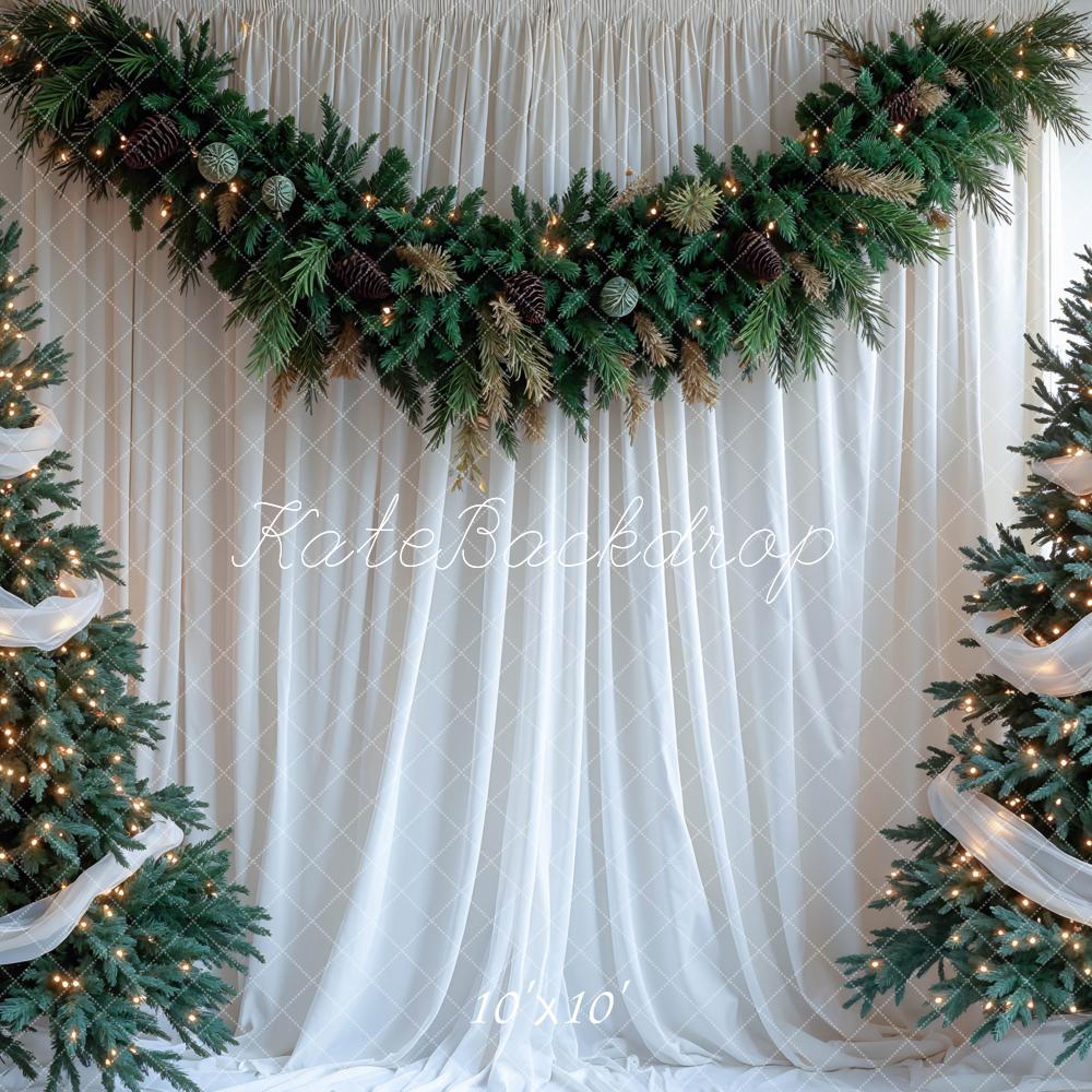 Kate Christmas Pine Trees Garland White Drapes Printed Backdrop Designed by Mini MakeBelieve