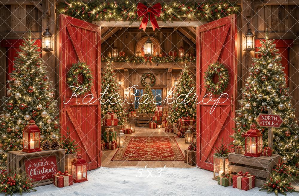 Kate Christmas Barn Red Doors Christmas Trees Presents Lanterns Printed Backdrop Designed by Emetselch