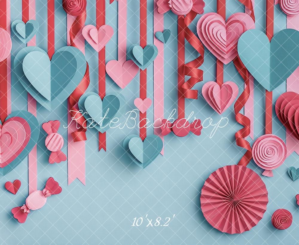 Kate Valentine's Day Layered Paper Pink Blue Hearts Printed Backdrop Designed by Angela Miller