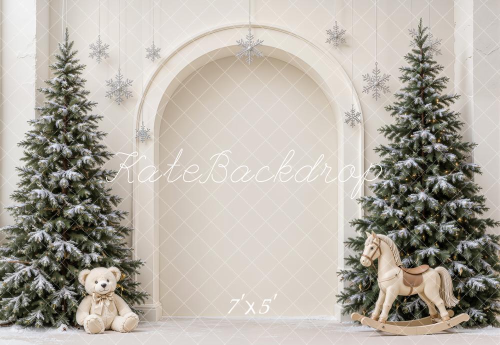 Kate Christmas Minimalist Arch Snowy Trees Teddy Bear Rocking Horse Printed Backdrop Designed by Emetselch