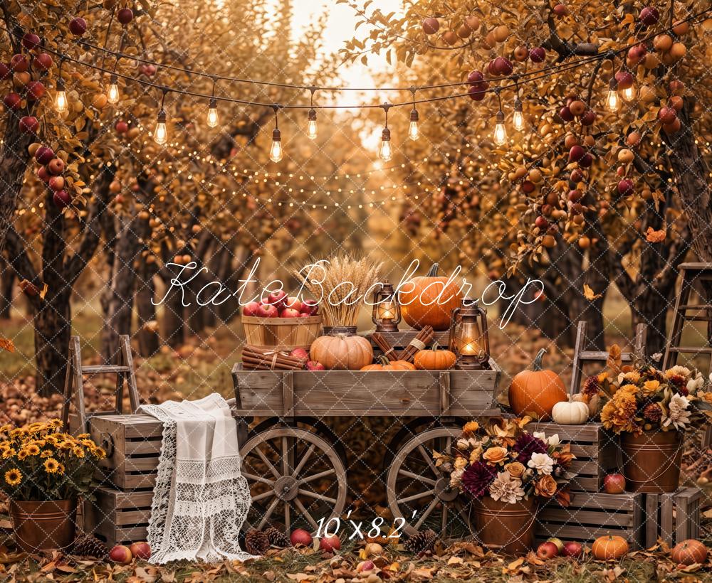 Kate Fall Apple Orchard Pumpkin Floral Wagon Wood Printed Backdrop Designed by Patty Roberts