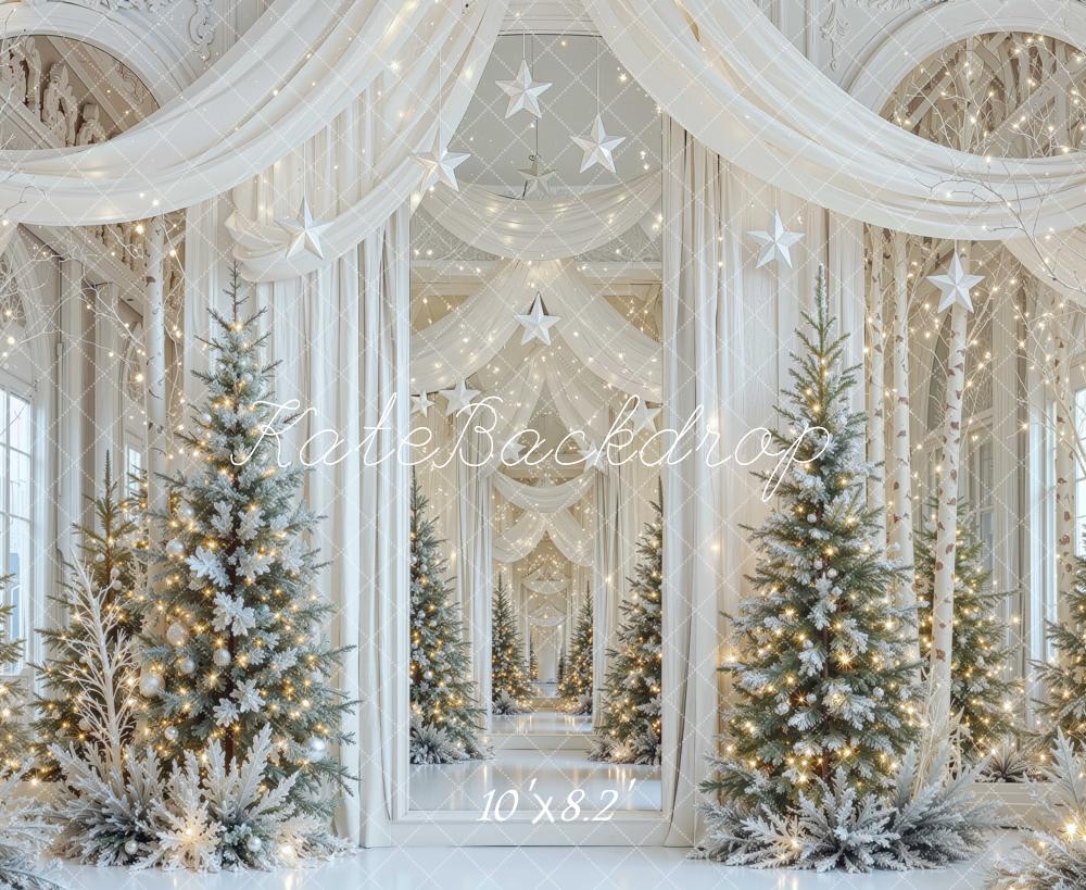 Kate Christmas Mansion Snowy Trees White Draped Curtains Stars Printed Backdrop Designed by Mini MakeBelieve