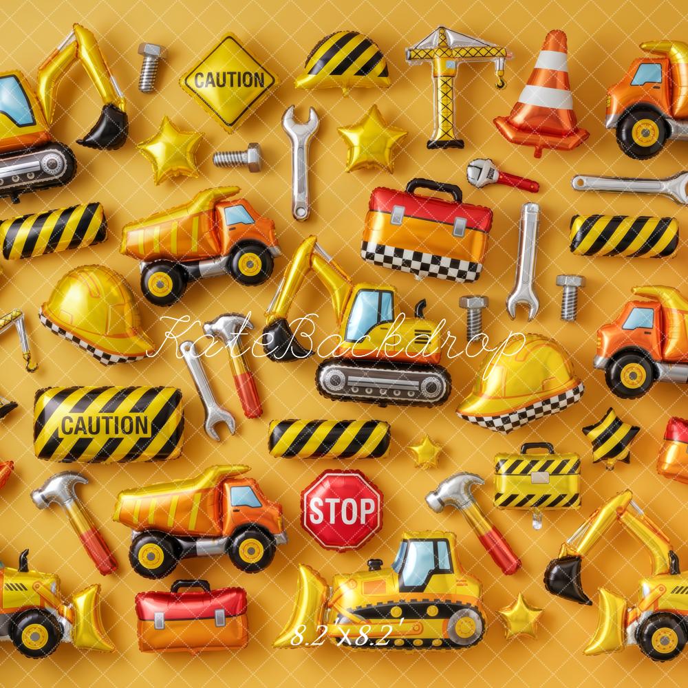 Kate Birthday Boys Construction Vehicle Balloon Wall Yellow Printed Backdrop Designed by Patty Roberts