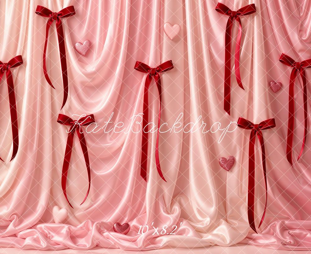 Kate Valentine's Day Pink Satin Drapes Ribbons Hearts Printed Backdrop Designed by Emetselch