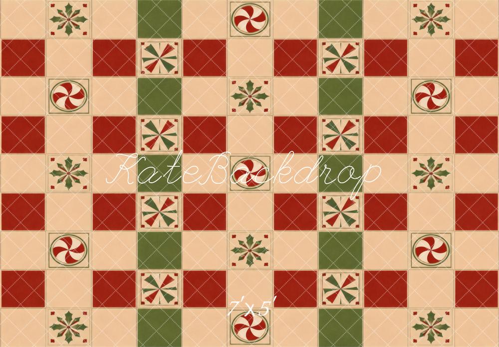 Kate Christmas Patchwork Peppermint Holly Checkerboard Floor Printed Backdrop Designed by Vertigo Productions