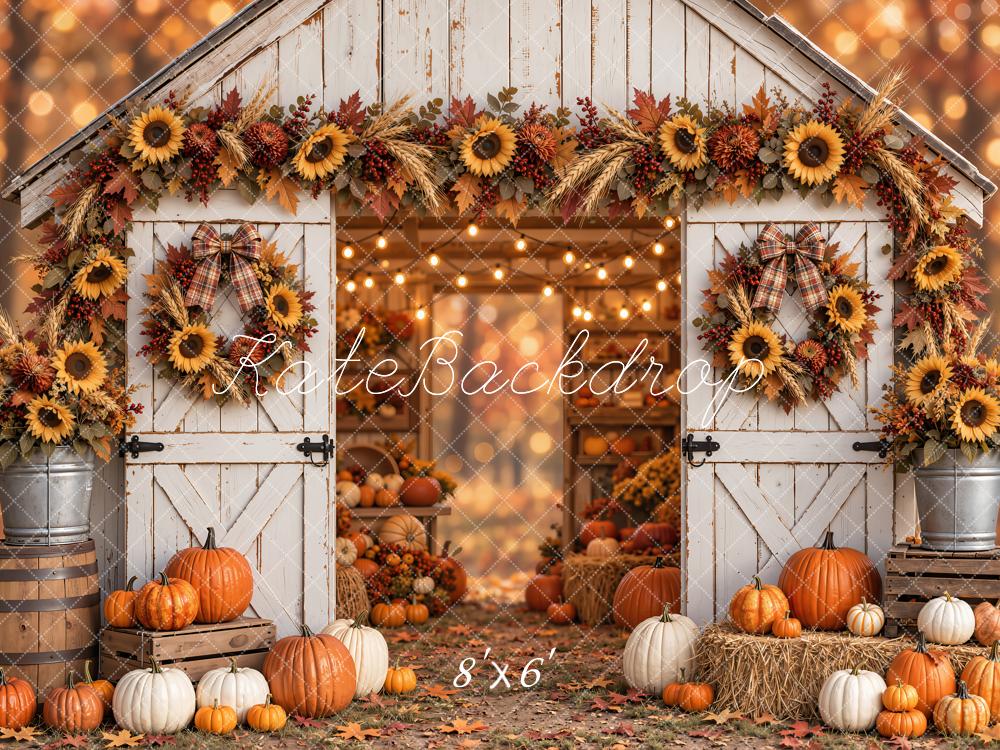 Kate Fall Barn Door Sunflower Wreath Pumpkin Maple Printed Backdrop Designed by Emetselch