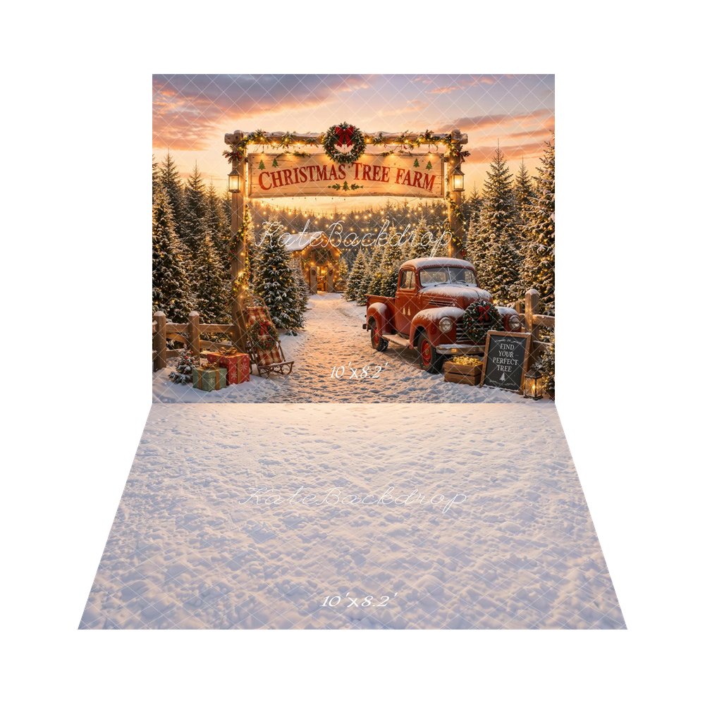 Kate Christmas Tree Farm Red Truck Snow Gifts Printed Backdrop+Snow Texture Floor Printed Backdrop
