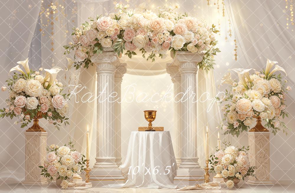 Kate Romantic Flower Arch White Columns Arrangement Printed Backdrop Designed by Chain Photography