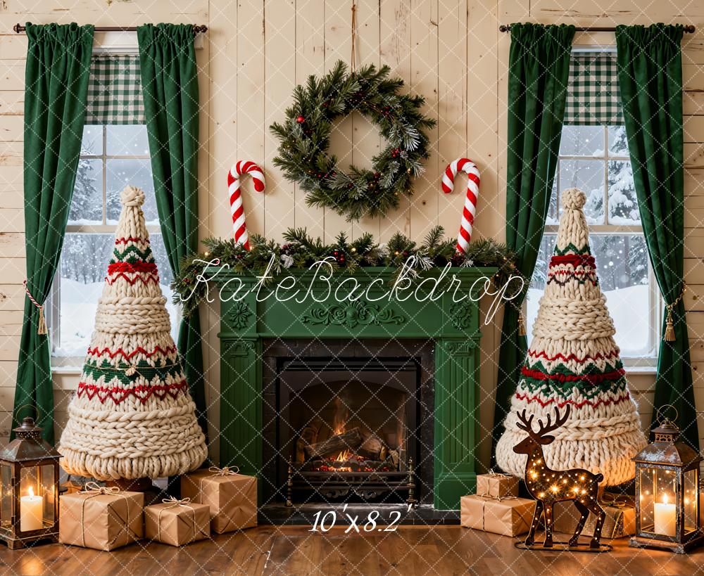 Kate Christmas Fireplace Yarn Trees Wreath Garland Presents Backdrop Designed by Emetselch