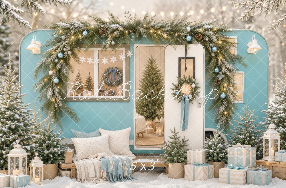 Kate Christmas Blue Camper Garland Trees Gifts Snowy Printed Backdrop Designed by Emetselch