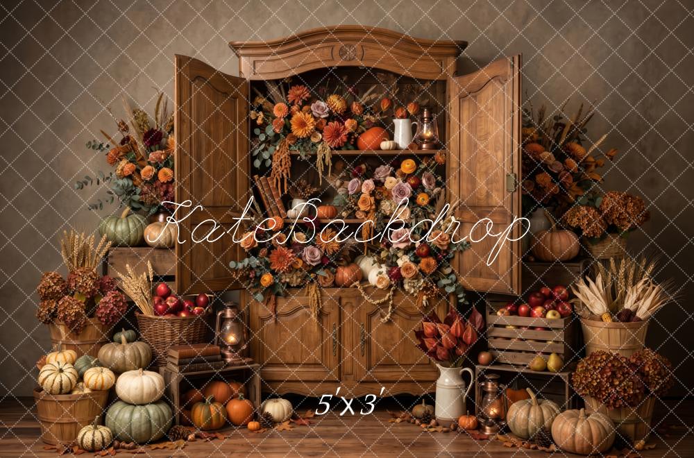 Kate Fall Brown Pumpkin Flower Vintage Cabinet Printed Backdrop Designed by Patty Roberts