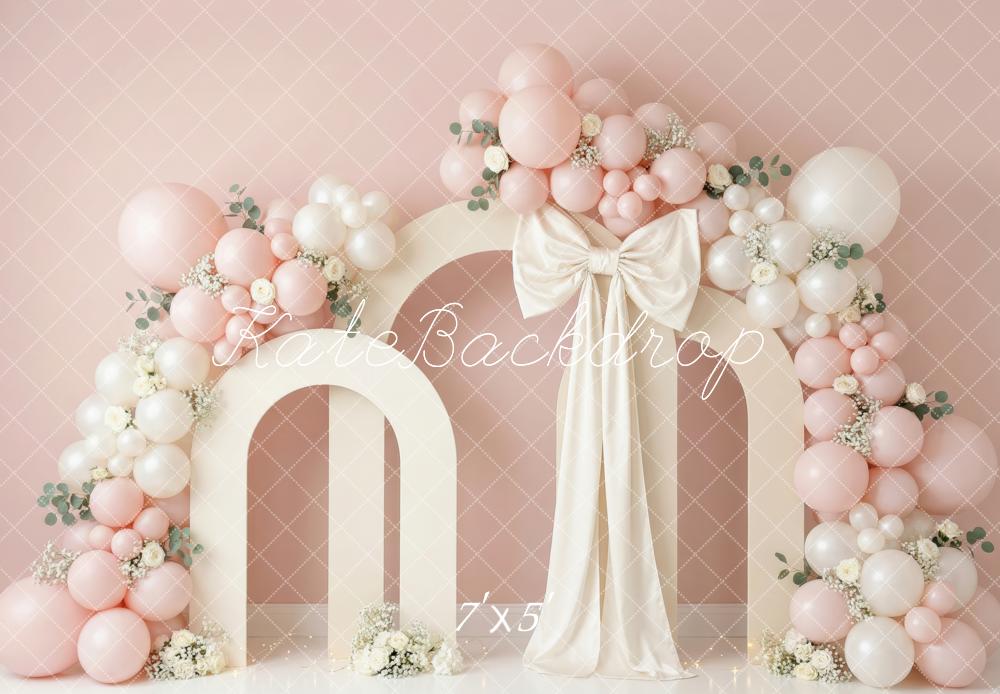 Kate Cake Smash Pink Balloon Arch Bow Flowers Printed Backdrop Designed by Patty Roberts