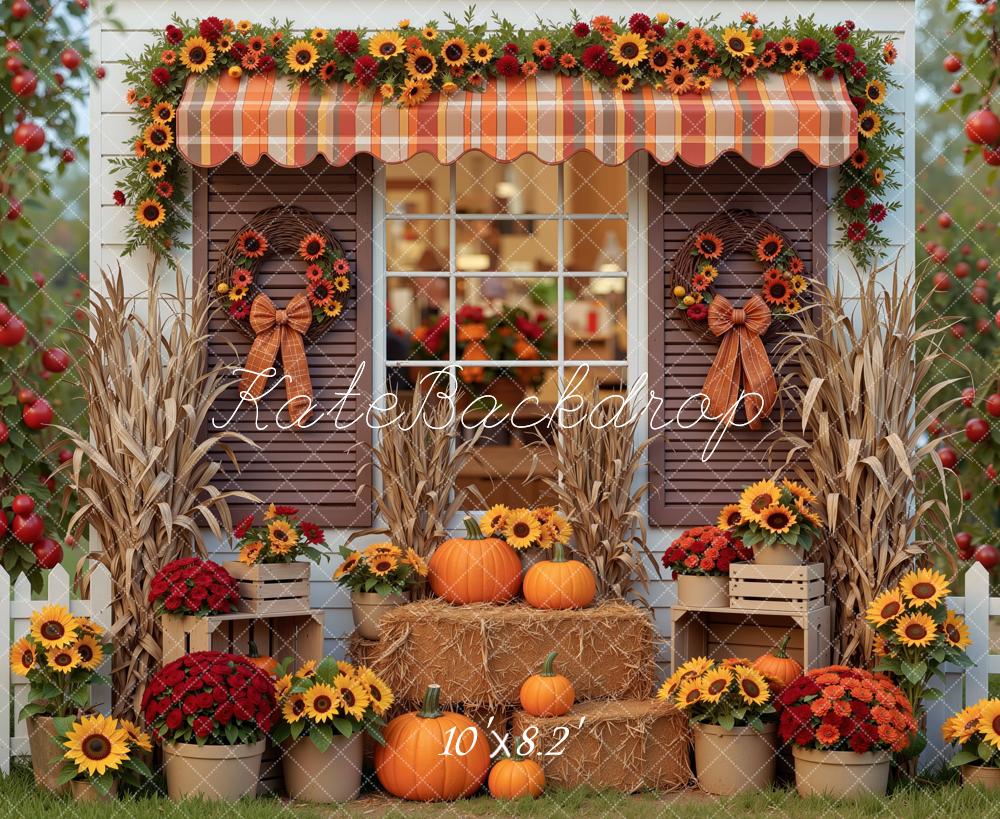 Kate Fall Cottage Pumpkins Sunflowers Hay Bales Window Printed Backdrop Designed by Mini MakeBelieve