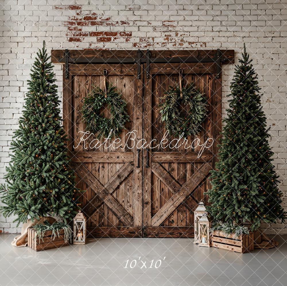 Kate Christmas Wood Barn Door Pine Trees Wreath Backdrop Designed by Emetselch