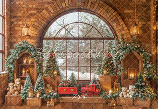 Kate Christmas Toys Room Window Brick Wood Printed Backdrop Designed by Emetselch