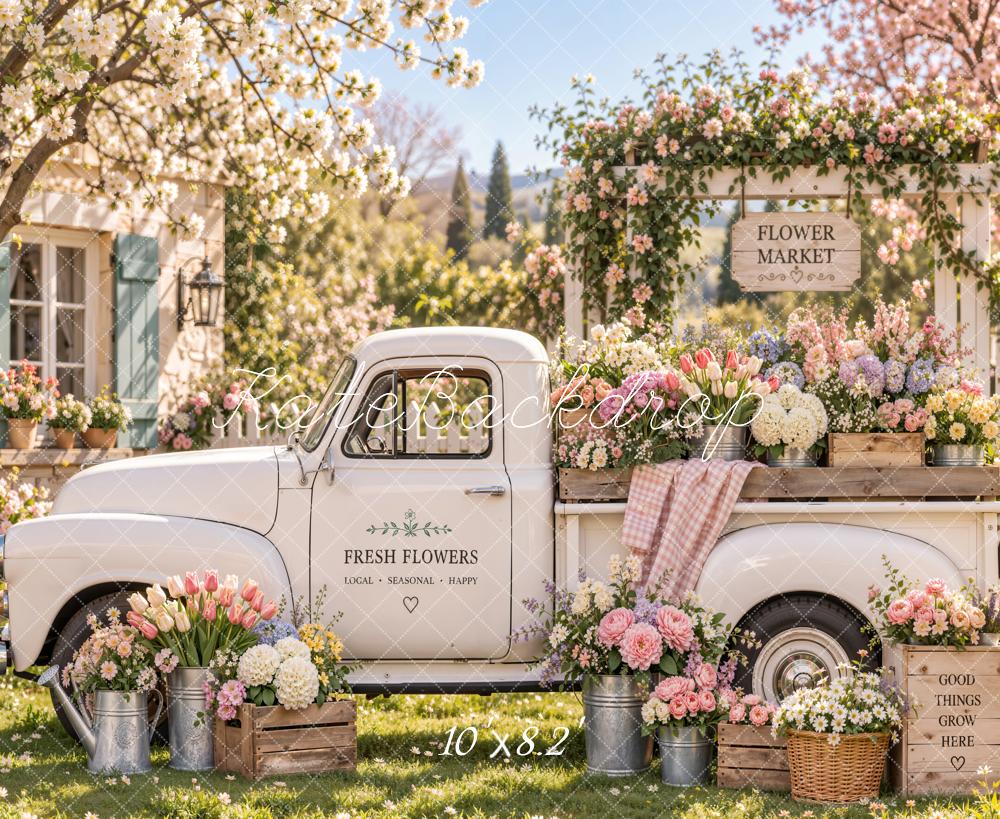 Kate Spring White Truck Flower Market Garden Printed Backdrop Designed by Emetselch