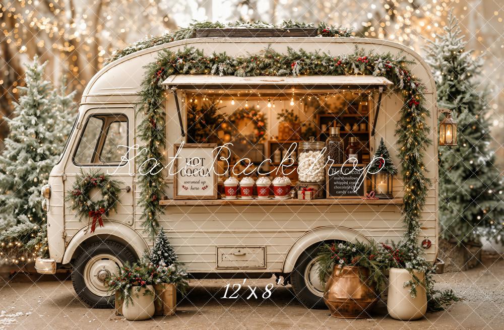 Kate Christmas White Hot Cocoa Truck Garland Printed Backdrop Designed by Emetselch