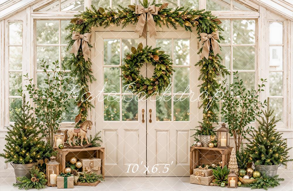 Kate Christmas Greenhouse Door Garland Evergreen Wreath Rustic Printed Backdrop Designed by Emetselch