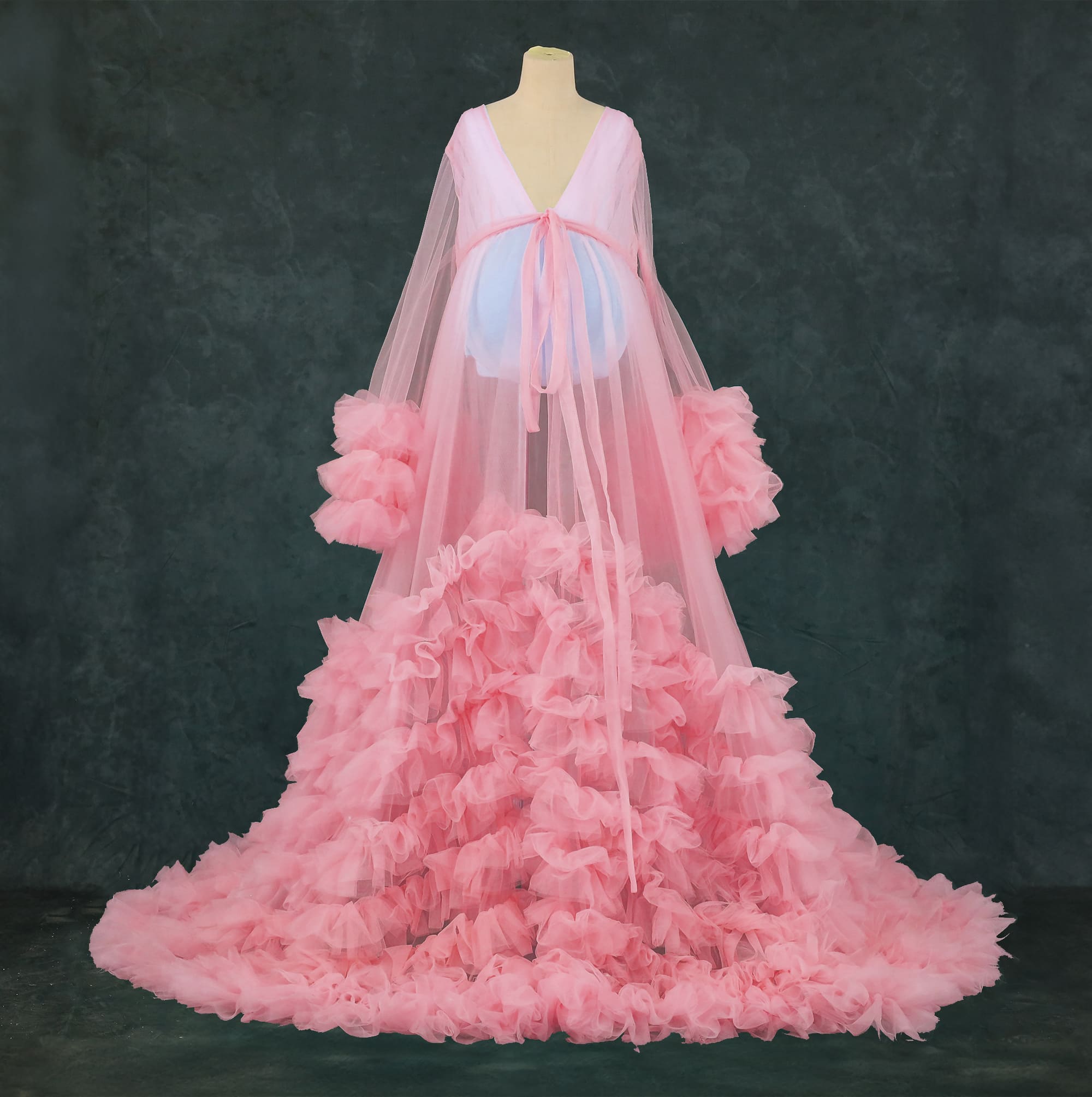 Kate Mesh V-neck Trailing Mid Sleeve Custom Maternity Photoshoot Gowns