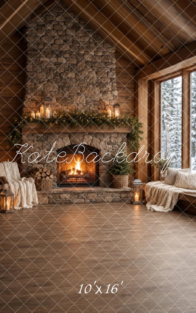 Kate Sweep Christmas Cozy Cabin Stone Fireplace Printed Backdrop Designed by Happy Squirrel Design