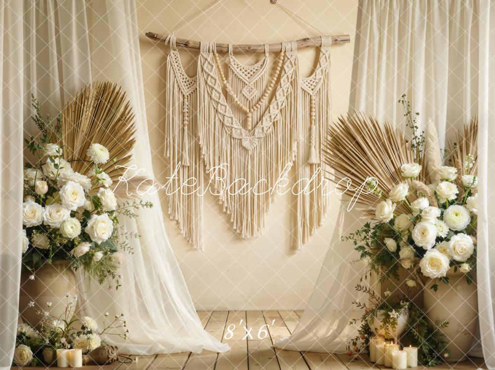 Kate Mother's Day Boho Macrame Flower Arch Dried Palm White Roses Backdrop Designed by Chain Photography