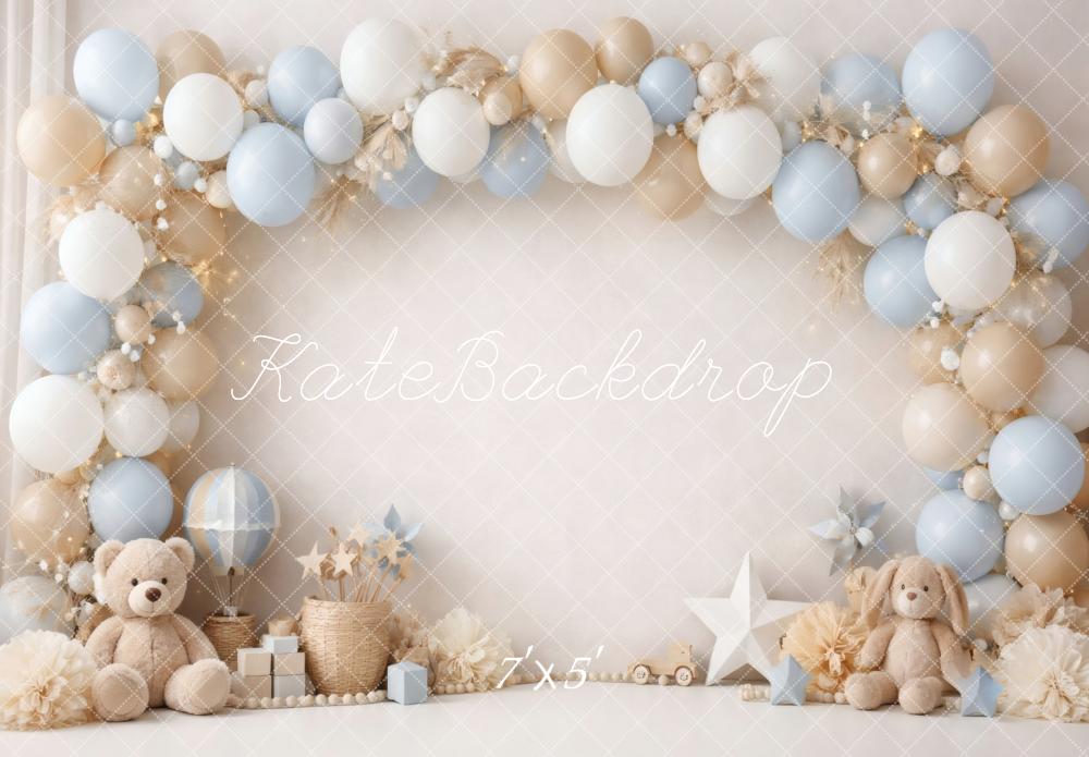 Kate Cake Smash Balloon Arch Teddy Bear Blue Beige Nursery Printed Backdrop Designed by Vertigo Productions