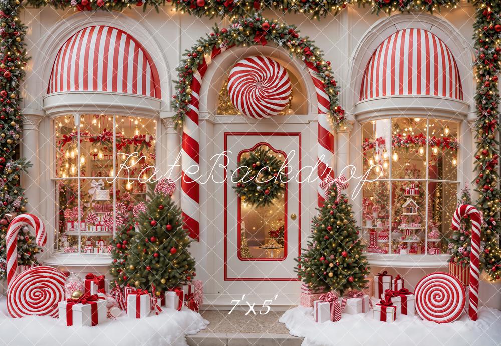 Kate Christmas Candy Shop Peppermint Candy Canes Trees Striped Awning Printed Backdrop Designed by Emetselch