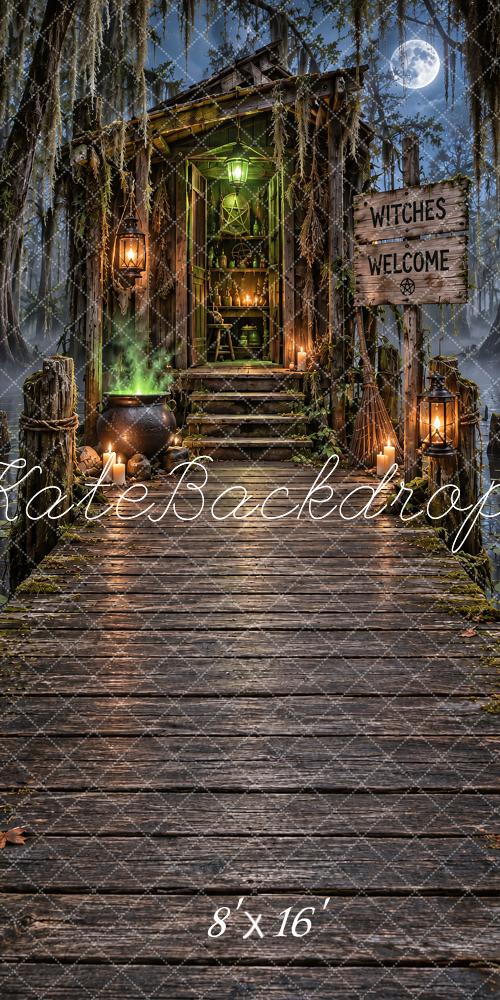 Kate Sweep Halloween Witch Cabin Moonlit Walkway Printed Backdrop Designed by Vertigo Productions