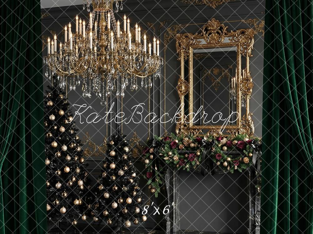 Kate Christmas Trees Luxury Gold Chandelier Garland Mirror Green Curtains Printed Backdrop Designed by Happy Squirrel Design