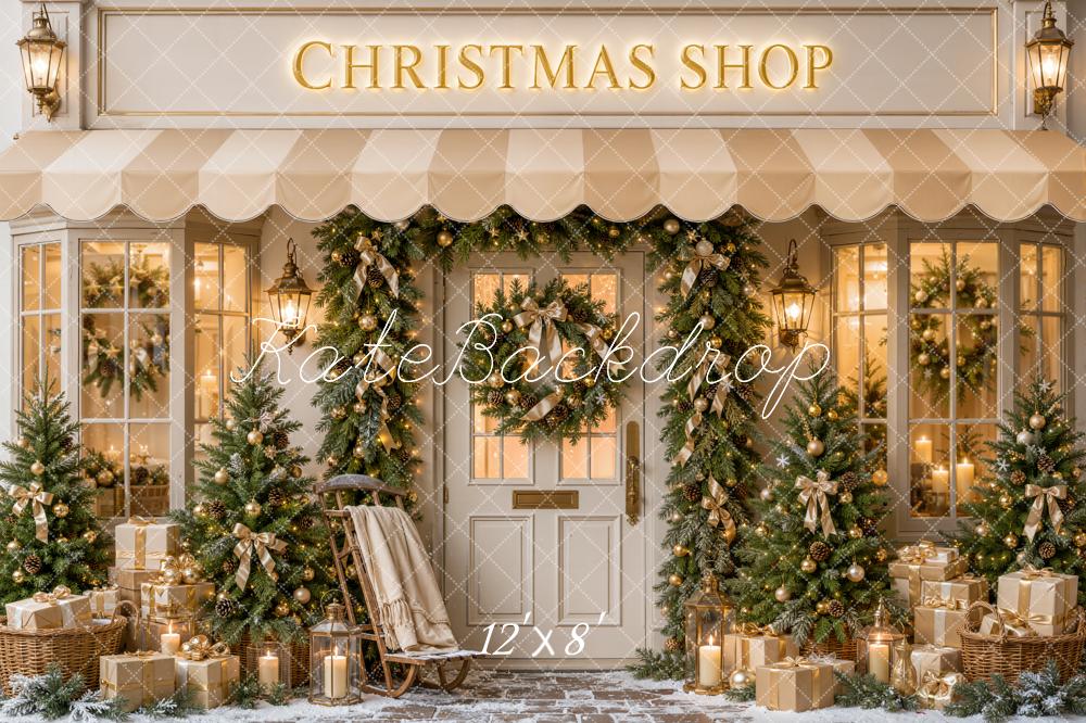 Kate Christmas Shop Storefront Sleigh Trees Gifts Printed Backdrop Designed by Emetselch