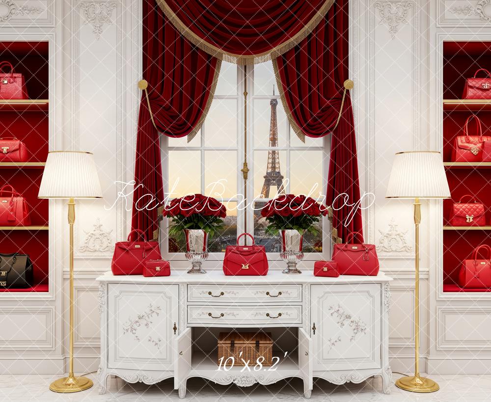 Kate Red Handbag Display Paris Window Scene Backdrop Designed by Patty Roberts