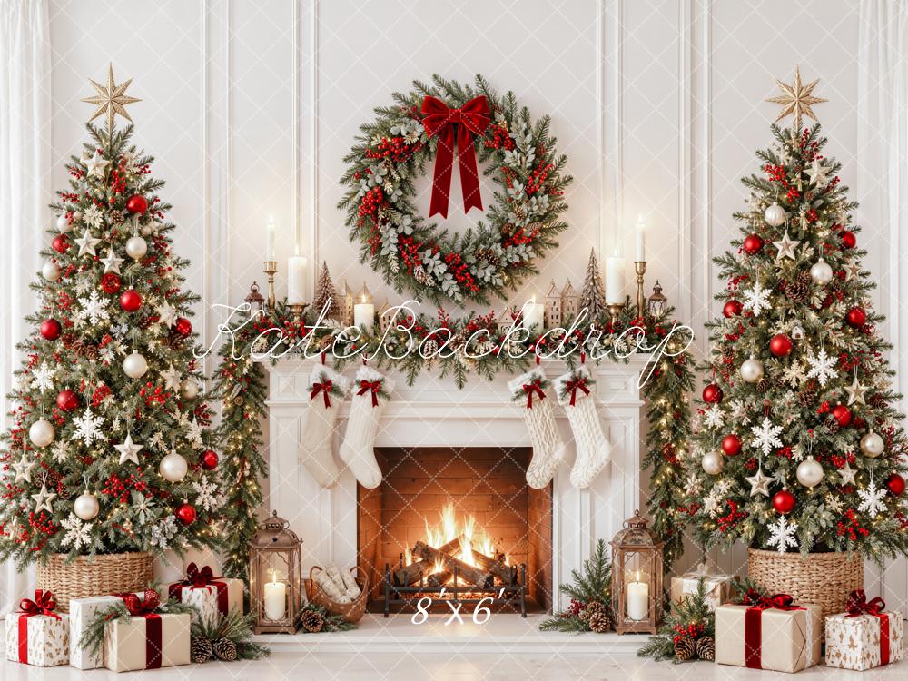 Kate Christmas Fireplace Trees Wreath Stockings White Printed Backdrop Designed by Emetselch