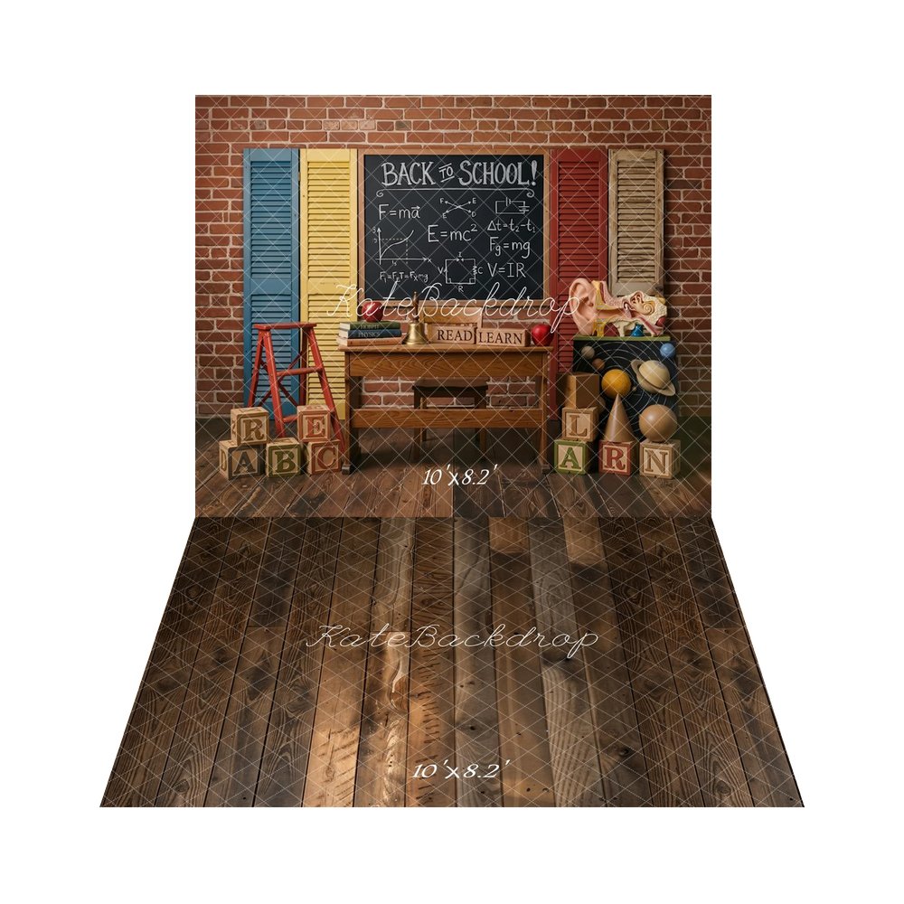 Kate Back To School Blackboard Brick Wall Books Blocks Planets Backdrop+Brown Wood Plank Vintage Wall Backdrop