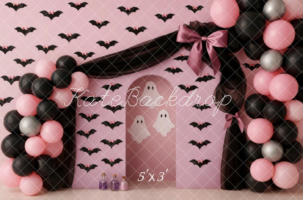 Kate Halloween Cake Smash Drapes Pink Bats Ghosts Balloon Arch Backdrop Designed by Patty Roberts