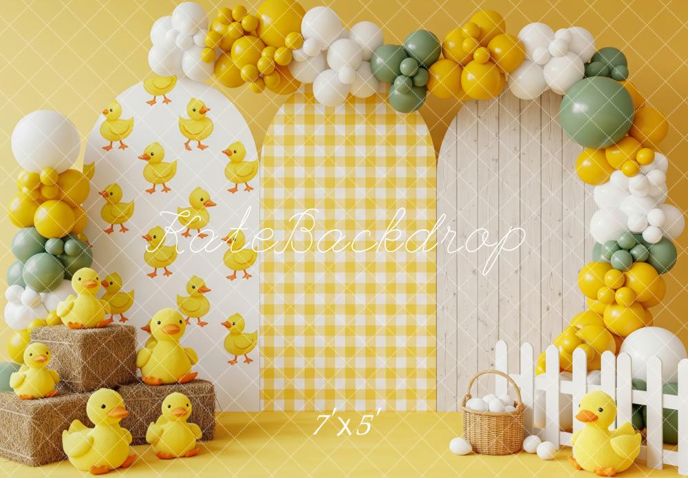 Kate Cake Smash Duckling Balloons Yellow Plaid Arches Backdrop Designed by Patty Roberts