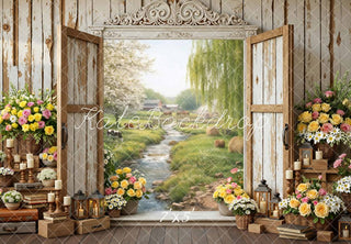 Kate Spring Rustic Door Spring Flowers River View Printed Backdrop Designed by Mini MakeBelieve