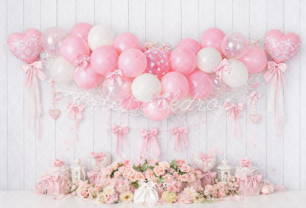 Kate Cake Smash Coquette Pink Balloon Heart Bows Floral Printed Backdrop Designed by Mandy Ringe Photography