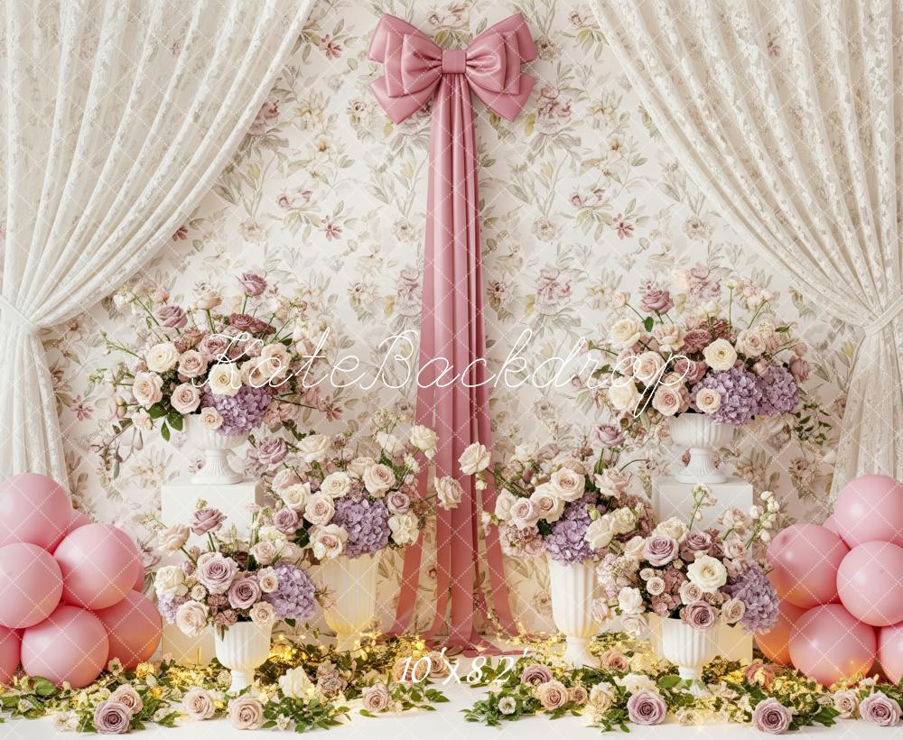 Kate Spring Mother's Day Floral Curtain Pink Bow Balloons Backdrop Designed by Patty Roberts