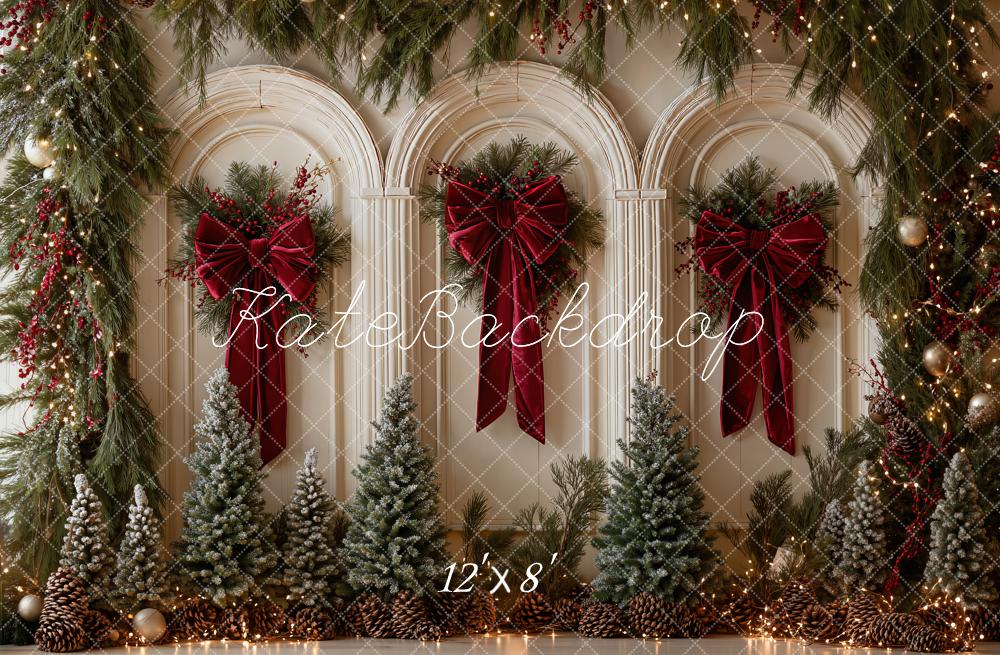 Kate Christmas Arched Wall Pine Trees Red Bows Printed Backdrop Designed by Emetselch