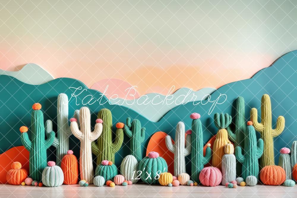 Kate Colorful Cactus Pumpkin Mountains Printed Backdrop Designed by Laura Bybee