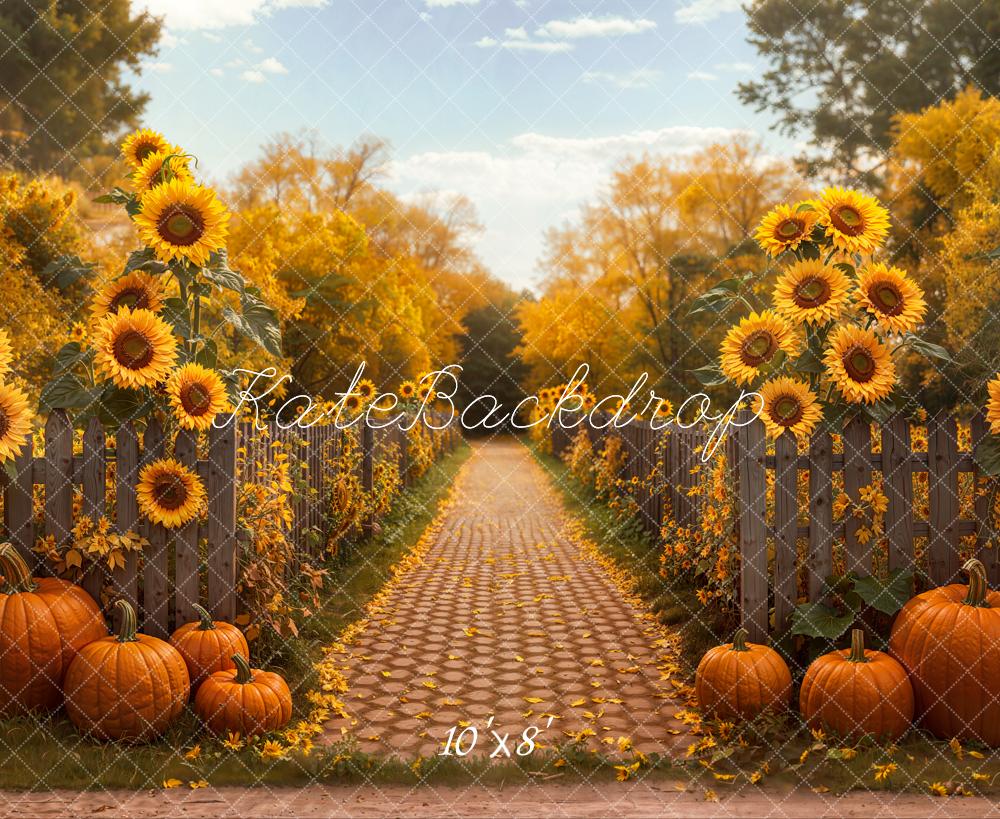 Kate Fall Sunflower Pumpkin Cobblestone Pathway Backdrop Designed by Emetselch