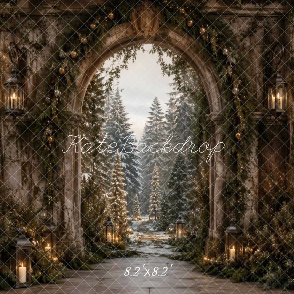Kate Christmas Retro Stone Archway Pine Trees Lanterns Winter Printed Backdrop Designed by Vertigo Productions