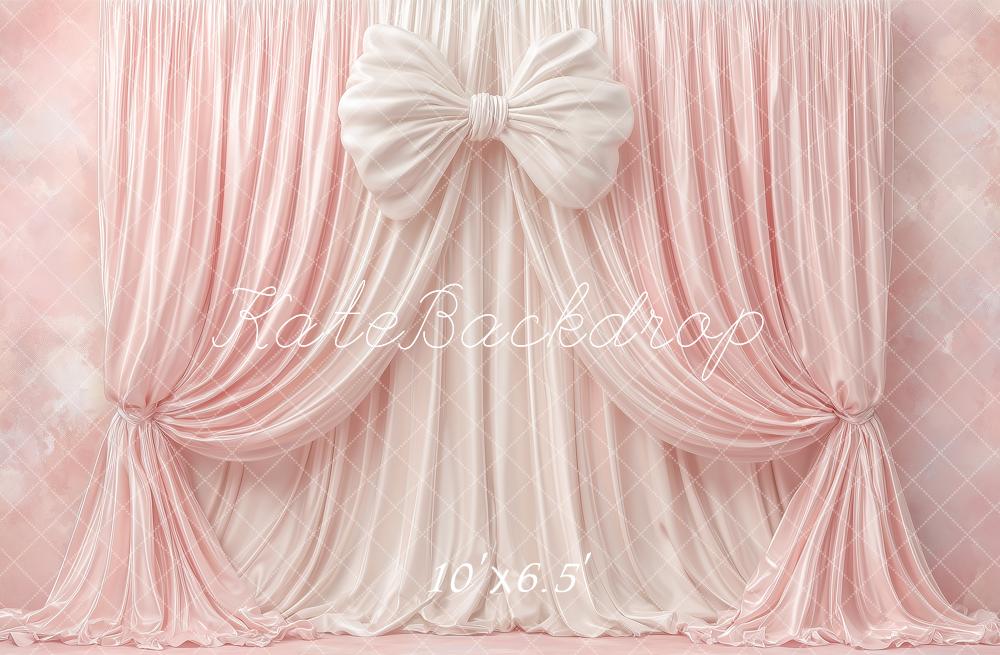 Kate Elegant Pink Draped Curtains Large Bow Printed Backdrop Designed by Angela Miller