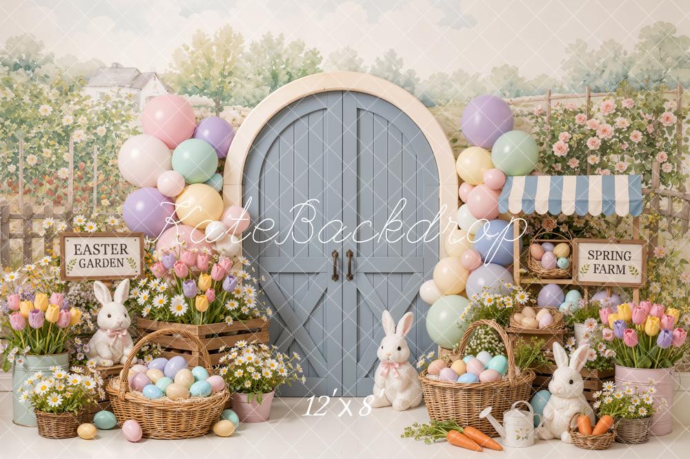 Kate Easter Cake Smash Balloons Bunny Garden Barn Door Printed Backdrop Designed by Emetselch