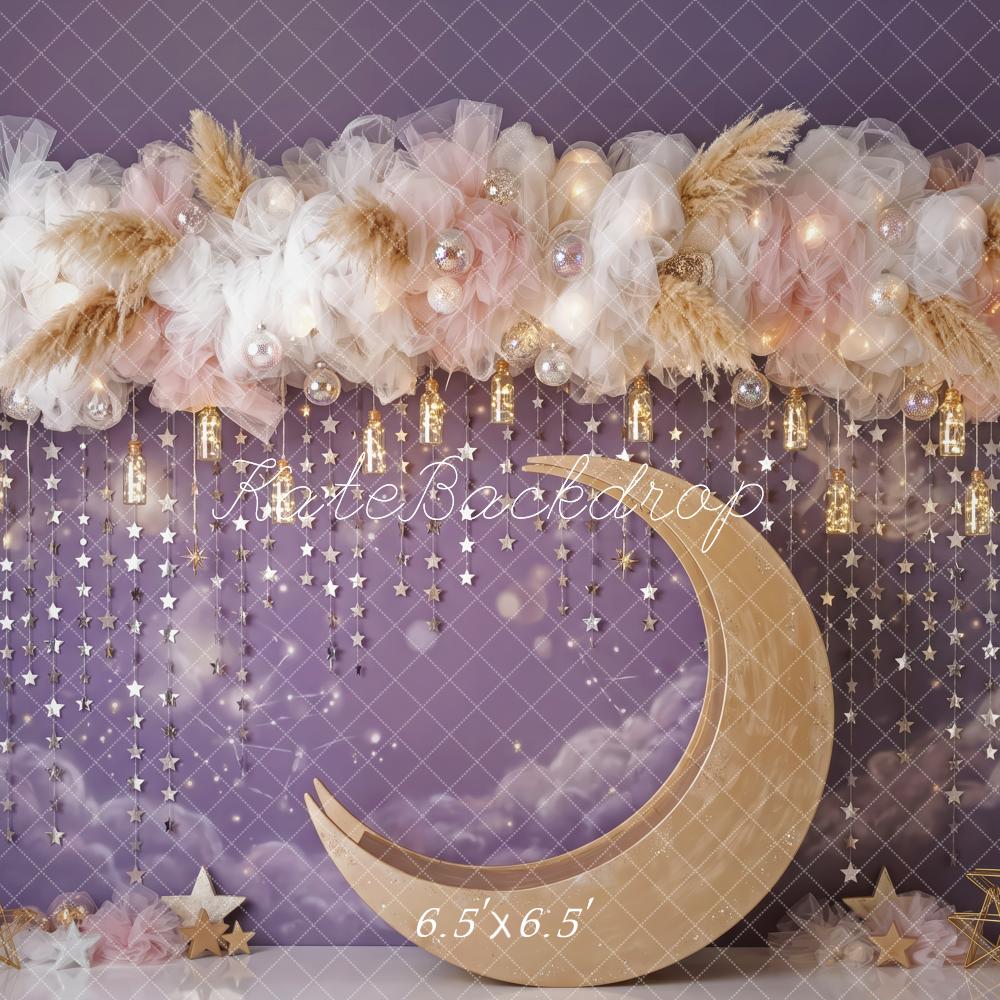 Kate Birthday Purple Celestial Crescent Moon Floral Arch Printed Backdrop Designed by Patty Roberts