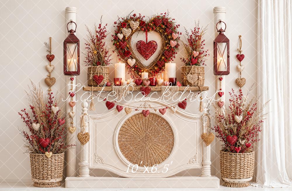 Kate Valentine's Day Headboard Heart Wreath Lanterns Mantel Flowers Printed Backdrop Designed by Emetselch