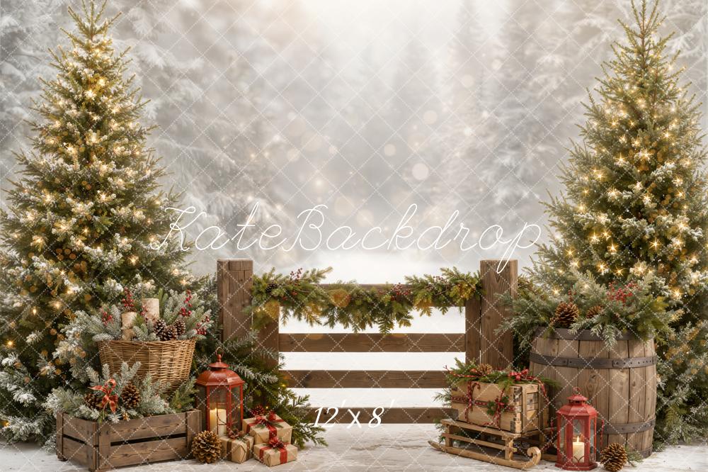 Kate Christmas Pine Trees Wooden Fence Garland Gifts Lantern Snow Printed Backdrop Designed by Emetselch