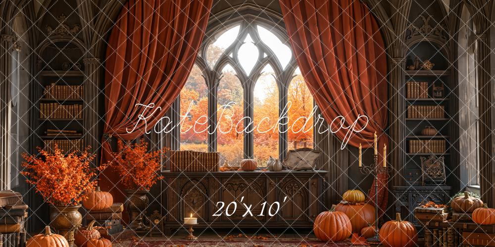 Kate Fall Gothic Arched Window Library Pumpkins Curtains Backdrop Designed by Emetselch