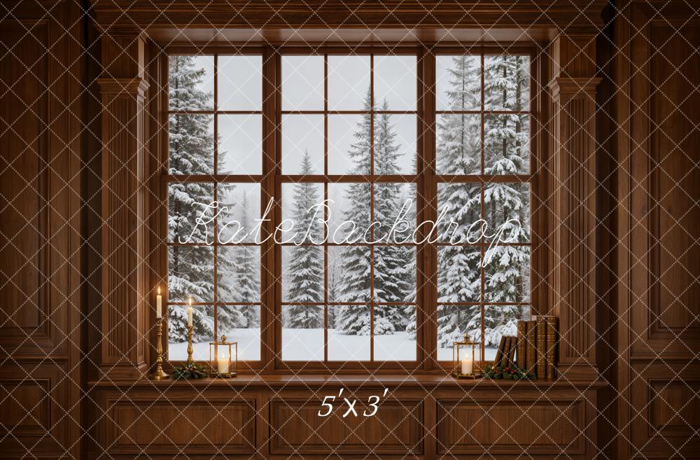 Kate Winter Window Snowy Pine Trees Vintage Wall Printed Backdrop Designed by Emetselch